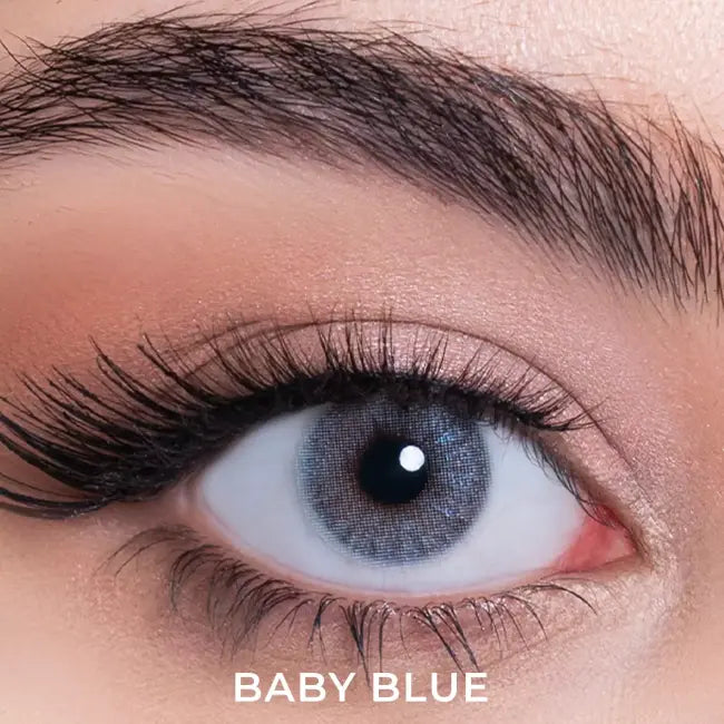 Elamore Amore Baby Blue colored lenses on dark brown eyes