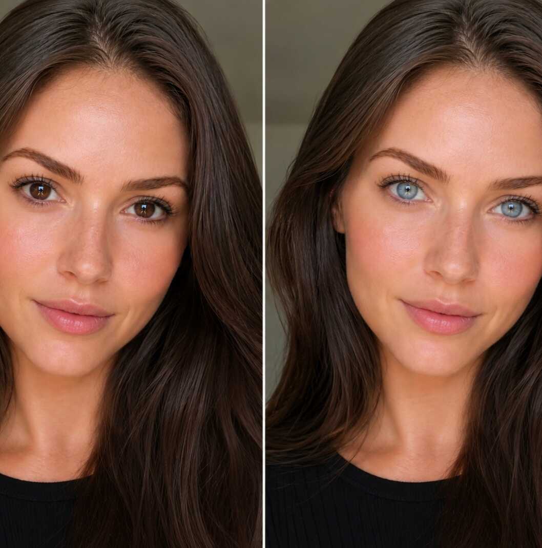 Urban Layer Passion gray-colored lenses on dark brown eyes: before and after 