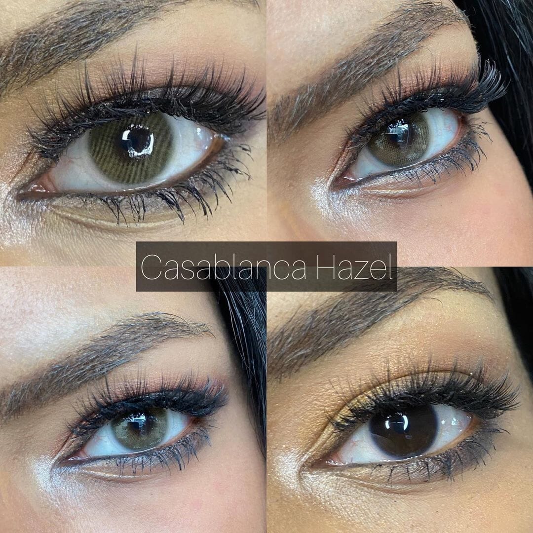 Hazel lenses before and after on brown eyes