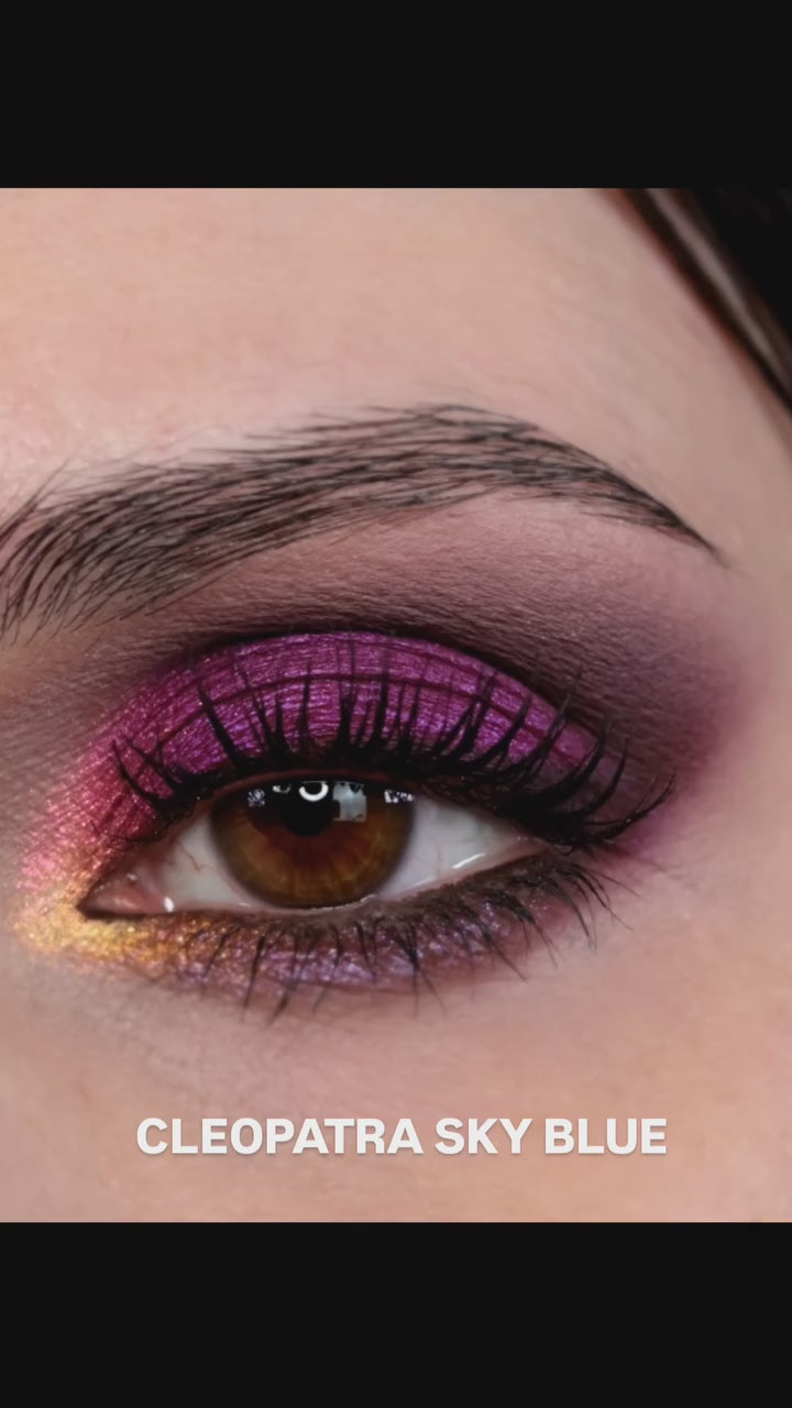 Cleopatra Sky Blue lenses on dark brown eyes